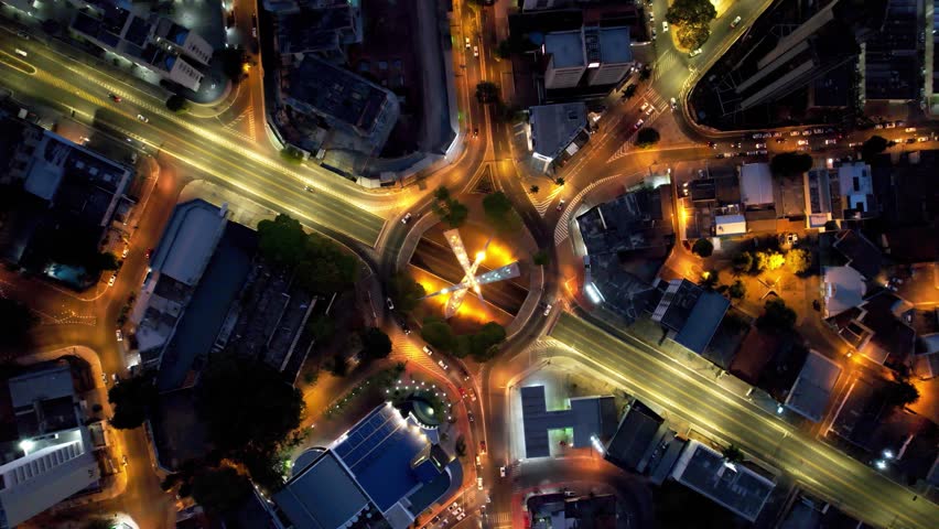 Roundabout Traffic At Goiania Goias Brazil. Stunning Landscape Of Highway Road Viewed From Above. Night Elevated Road Downtown Cityscape. Night Exterior Downtown. Goiania Goias.