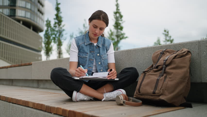 University student sitting on ground in park, at campus and reading textbook. Studying before exam.
