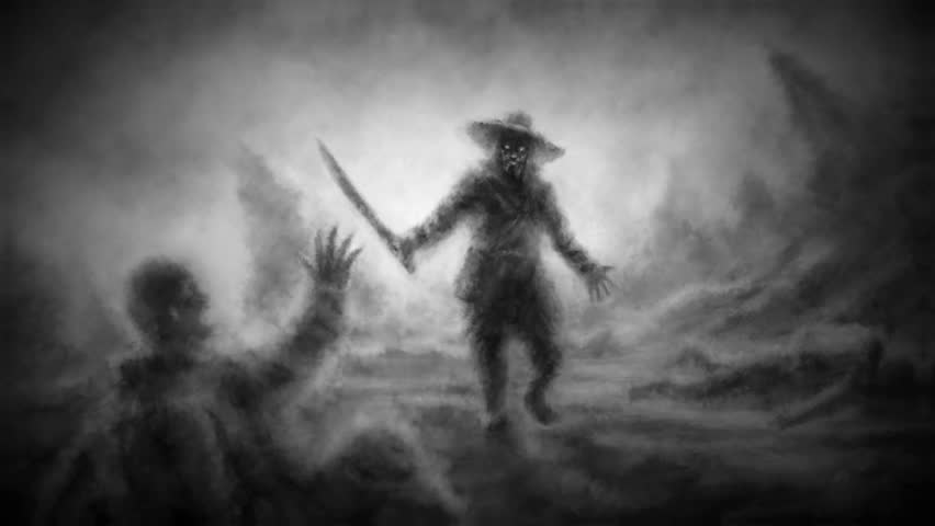 Evil highwayman in hat attacks people in fog. Creepy slasher 2D animation. Terrible massacre in night. Horror fantasy genre. Grunge and noir styles. Black and white background.