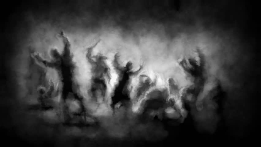 Evil highwayman in hat attacks people in fog. Creepy slasher 2D animation. Terrible massacre in night. Horror fantasy genre. Grunge and noir styles. Black and white background.