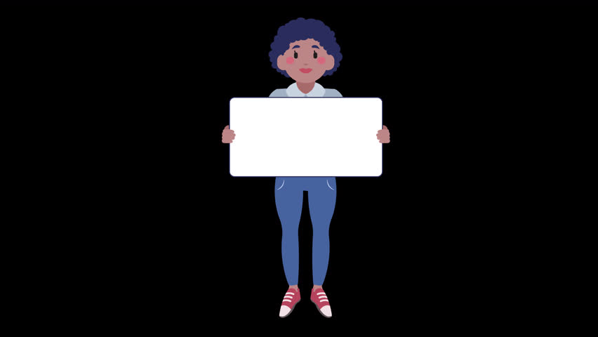 Smiling young black woman holding cardboard blank without text.  Cartoon character showing a blank banner. Promotion, protest and protection of rights. 2d looped animation. Alpha channel enabled.