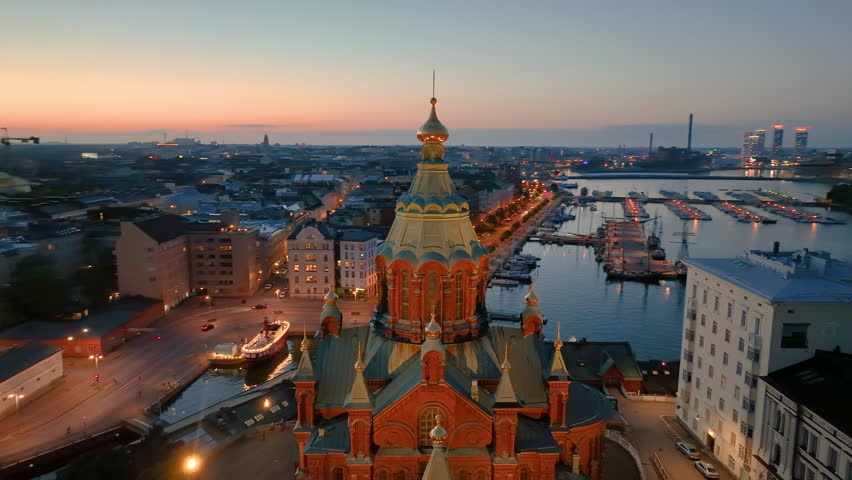4k Aerial view of famous places architectural landmarks Helsinki Uspenski Cathedral. Helsinki, Finland.