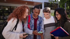 Group diverse genders and races students gathered sharing fun things with mobile phone in campus university. Joyful friends using and looking cell while talking happy about watching on device screen - Powered by Shutterstock - Get 15% off with code: PIKWIZARD15