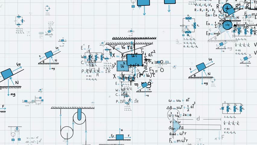 Equations of physics, uniform rectilinear motion, statics, electromagnetism, electrical circuits, friction force, energy, angular velocity, with grid sheet background. Seamless loop animation