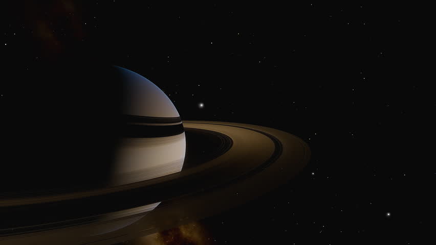 The Sun going through the rings of the planet Saturn. View from the dark side of the planet. Some of its moons orbiting around.