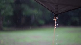 camping on rainy season with heavy rain water drips droplets to tip tarp and flow slow motion on fly sheet tent with carabiner paracord rope umbrella by holiday travel picnic on nature forest garden - Powered by Shutterstock - Get 15% off with code: PIKWIZARD15