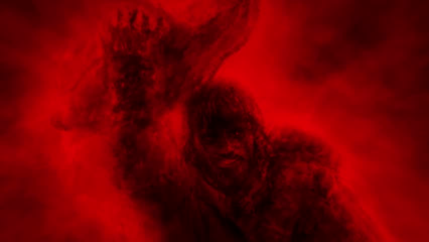 Evil stranger in hat attacks people in bloody glowing fog 2D animation. Terrible massacre in night. Creepy slasher with maniac. Horror fantasy genre. Grunge and noir styles. Red and black background.