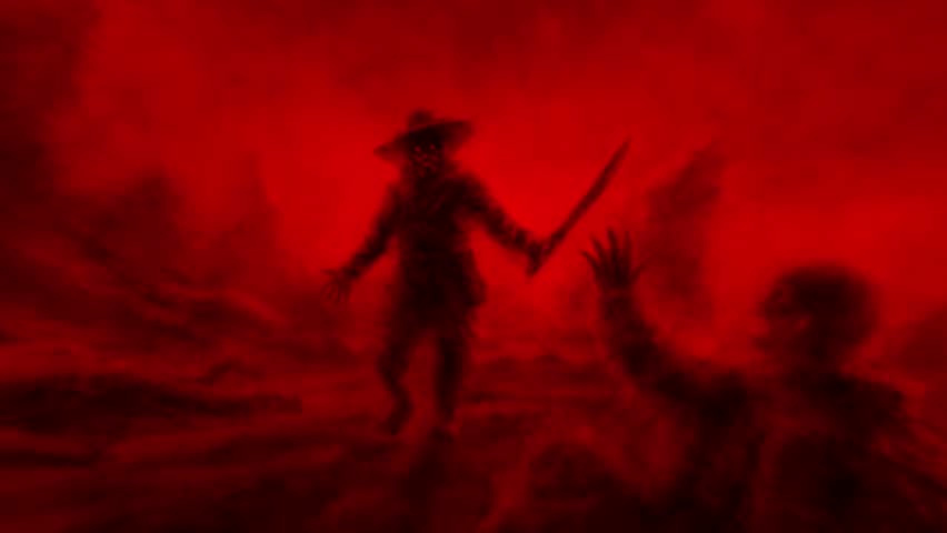 Scary pirate in big hat attacks people in fog 2D animation. Horror fantasy genre. Terrible massacre in night. Creepy slasher with maniac with a machete. Red and black background.