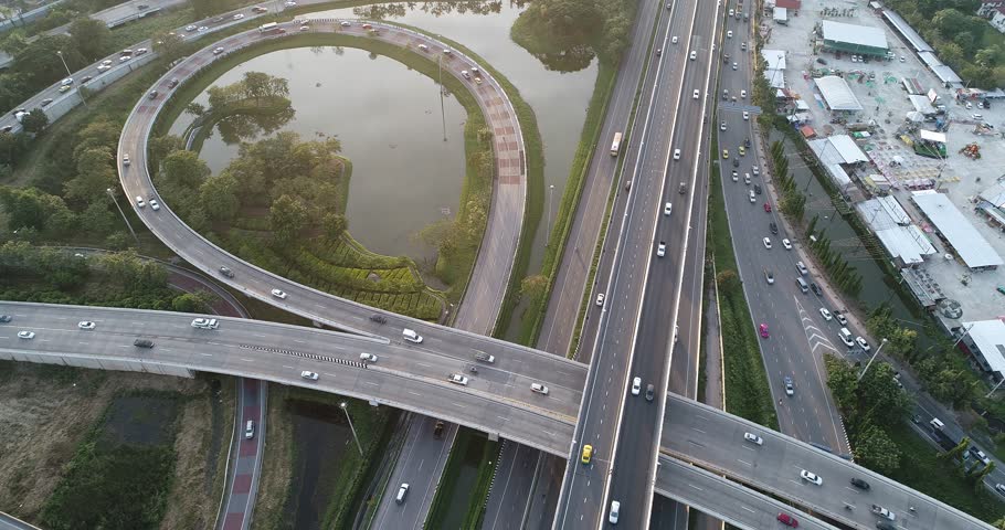 Aerial view transport city junction cross road with car movement transport industry