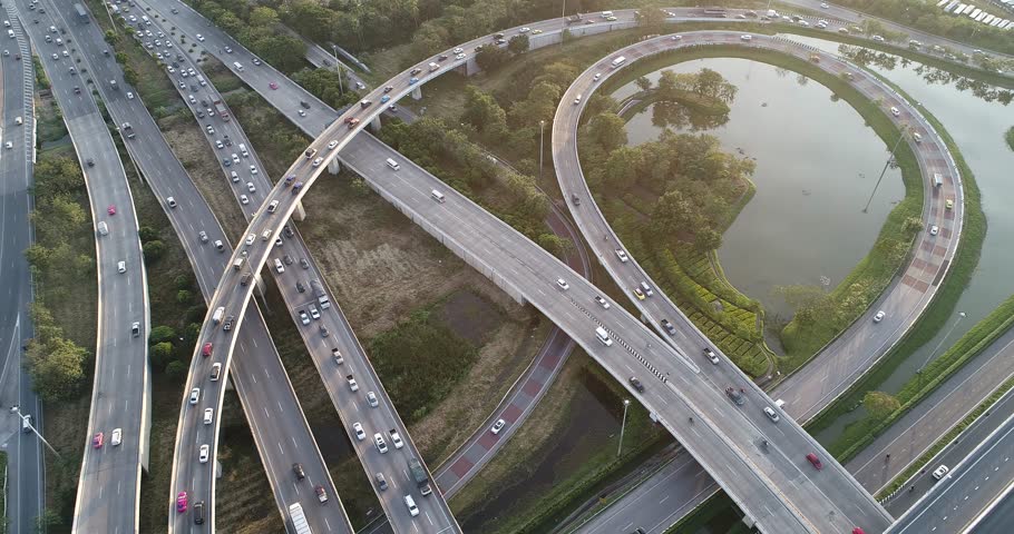 Aerial view transport city junction cross road with car movement transport industry