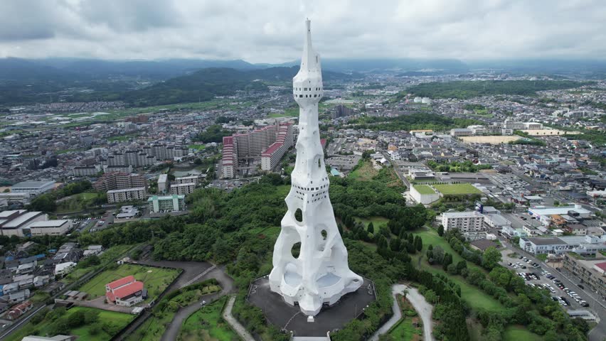 Aerial view of The Great Peace Prayer Tower or PL Peace Tower, in Osaka, Japan