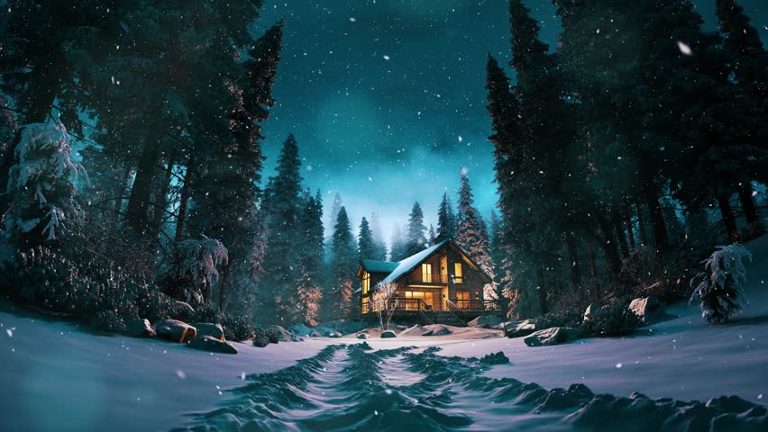Snowfall over a house in the forest. Wooden private house in the winter forest. Winter pine forest during snowfall. Cold winter evening in the forest