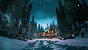 Snowfall over a house in the forest. Wooden private house in the winter forest. Winter pine forest during snowfall. Cold winter evening in the forest - Powered by Shutterstock - Get 15% off with code: PIKWIZARD15
