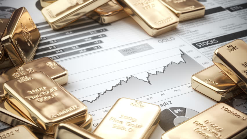 Gold bars and ingots on a stock exchange chart 3d video animation. 3D Illustration
