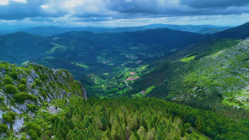 Spring landscape in the surroundings of the hermitage of Santa Eufemia in Aulestia. Monte Urregarai. Aerial view from a drone. Province of Bizkaia. Basque Country. Spain. Europe
