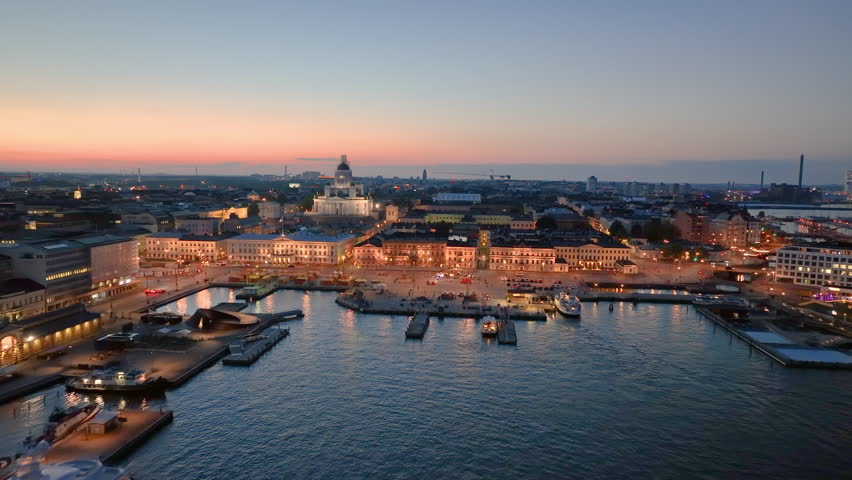 4k Aerial view of famous places architectural landmarks Lutheran Christian Cathedral Church at the Senate Square in Helsinki, Finland