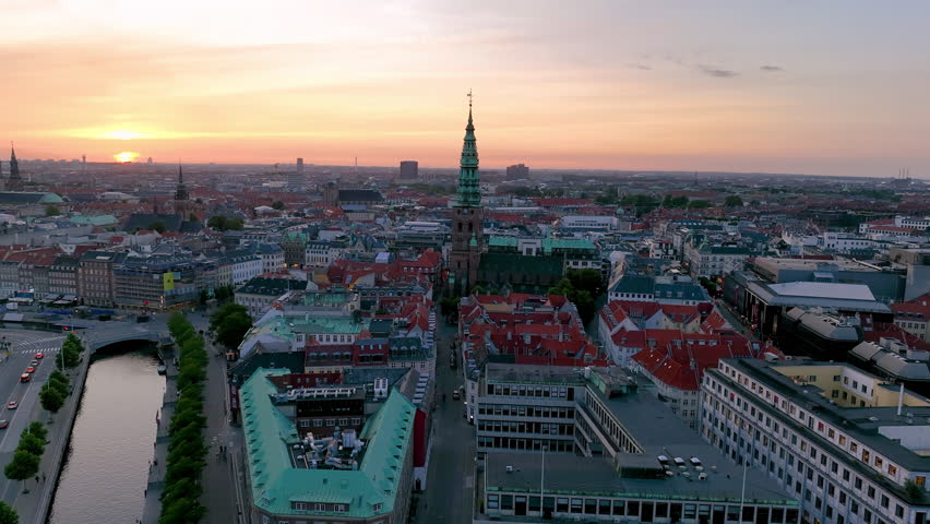 4K Aerial video of downtown Copenhagen in Denmark at sunrise.