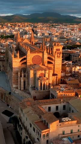 vertical video aerial view of cathedral of Palma de Mallorca, Palma de Mallorca cityscape. Cathedral of Santa Maria, Royal Palace of La Almudaina. Balearic Islands. Spain. High quality FullHD footage