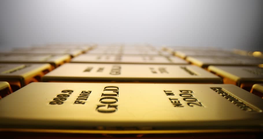 Large quantity of gold bars with luxurious shine and smooth surfaces. Impressive collection of gold ingots meticulously arranged in secure vault