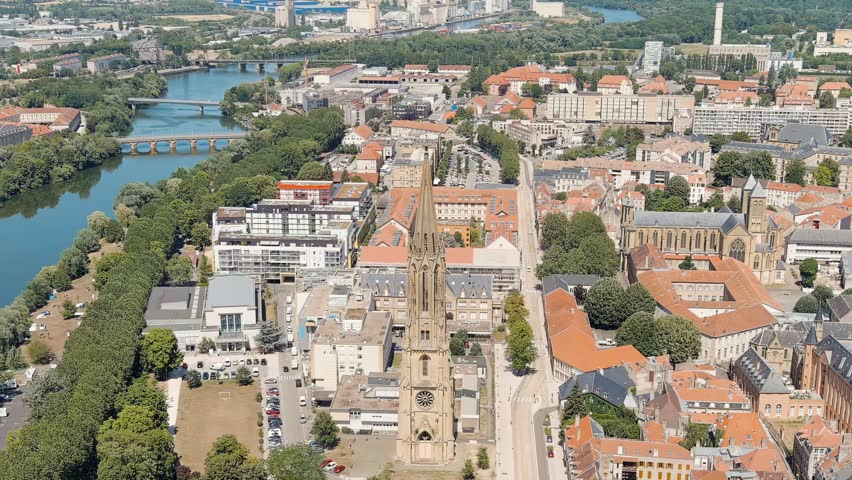 Dolly zoom. Metz, France. Temple de La Garrison de Metz. View of the historical city center. Summer, Sunny day, Aerial View