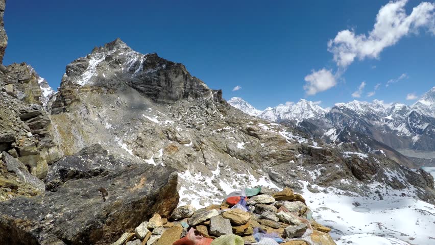 Panoramic view from Renjo La mountain pass (5340 meters) on snowy valley with Gokyo lake, Gokyo village and Everest and Lhotse mountains in the background. Extreme terrain landscapes theme.