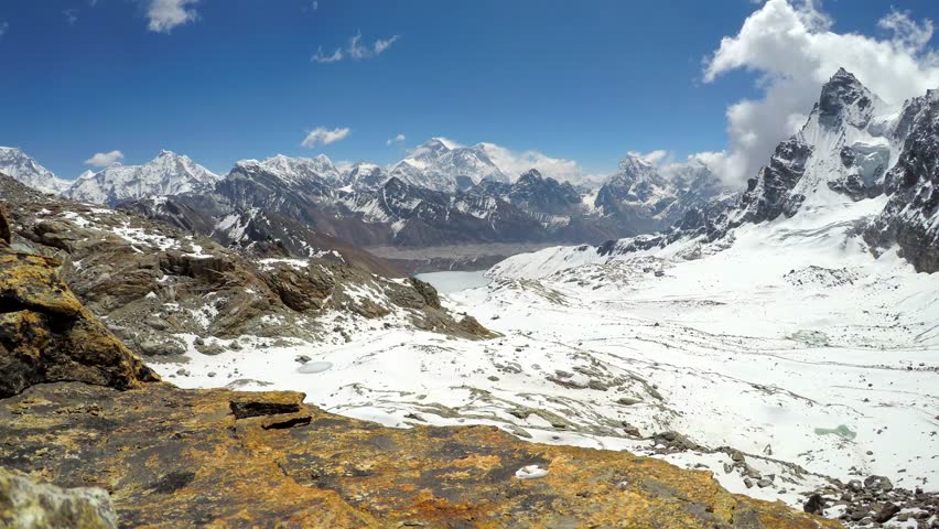 Panoramic view from Renjo La mountain pass on snowy valley with Gokyo lake and village and Everest and Lhotse mountains in the background. Time lapse video. Extreme terrain landscapes theme.