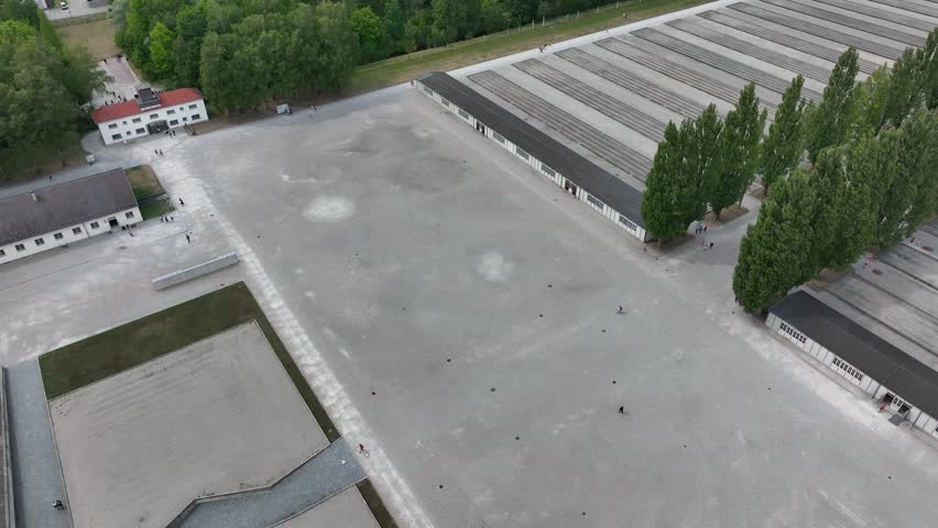 Drone view Dachau. Concentration camp memorial site. Dachau Nazi concentration camp. World war two. Death concentration center camp. Historical site and museum. Munich, Bavaria. Germany.