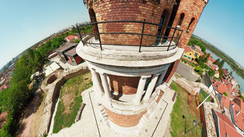 Panoramic drone view of Gardos tower or Millennium Tower in Belgrade, built in 1896 by Austro Hungarian monarchy, showing Zemun district of Belgrade, Serbia, with Danube river.
