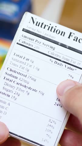 Holding food label with ingredients on paper box. Shopping and nutrition focus. Label affixed to product with printed information. Critical details provide insight into product contents and quality