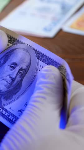 Inspection of banknote for counterfeit money. 100 American dollars bill or 100 USD denomination note. Money or cash revenue assessed for authenticity. Examines under ultraviolet light for verification