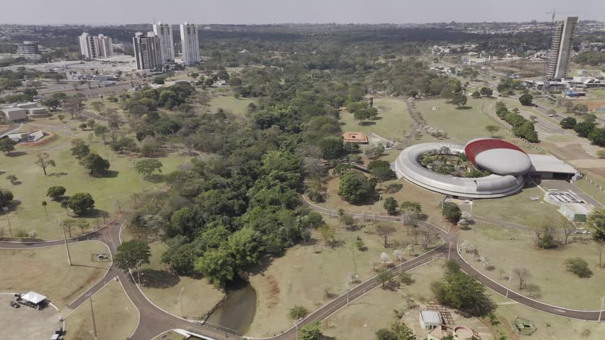Drone orbits to the right over Bioparque Pantanal in Parque das Nações Indígenas in Campo Grande, Mato Grosso do Sul, Brazil