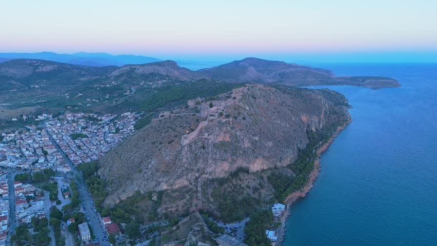 greece peloponnese region old capital nafplio aerial view with sunrise and sunset lights