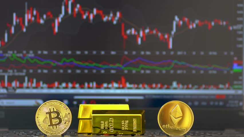 Cryptocurrency vs Gold and real time price chart in the background completed with technical indicator