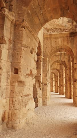 Remains of ancient Roman amphitheater in Tunis, El Jam, places of entertainment and entertainment. Legacy of Roman Empire in North Africa.