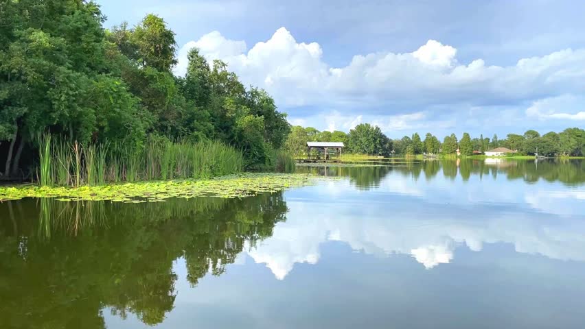 the calm view of the lake with blue sky in the reflections of the water 