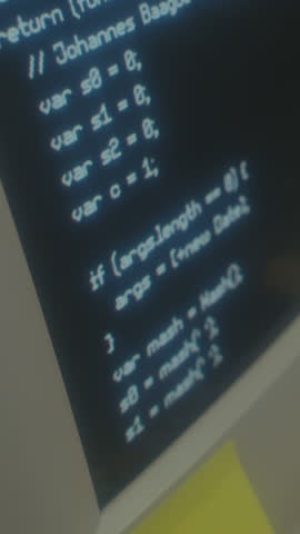 Vertical no people close-up of retro 90s desktop computer screen with lines of computer code running on black background, on desk