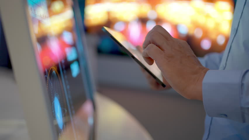 Man hands using tablet touchscreen interactive display close up. Male creative close up hand future lifestyle digital internet AI technology smart device futuristic background, education technology 