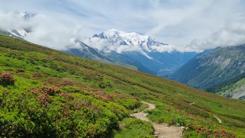 Picturesque view of the Mont Blanc mountain and glacier while hiking Tour du Mont Blanc. Popular tourist attraction. Alps, Chamonix-Mont-Blanc, France, Europe.
