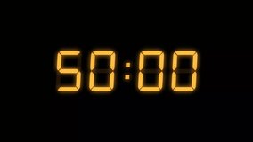 Orange-Red Digital Countdown Timer Starting at 50:00 (50 seconds) on Black Background, Featuring High-Visibility LED Display. 4K Motion Graphics - Powered by Shutterstock - Get 15% off with code: PIKWIZARD15