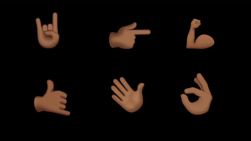 Hands Emoji Pack. Dark tone. Elements on a Transparent Background. 6 Smileys and Emotions in 4K Resolution with Seamless Loop
