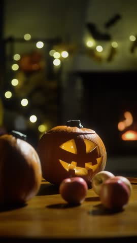 Halloween pumpkin Jack-O-Lantern on old wooden table with burning fire place background in a living room on the eve of Halloween.