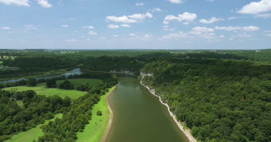 Scenic aerial view of lush green forests and a tranquil river at Beaver Lake, Arkansas