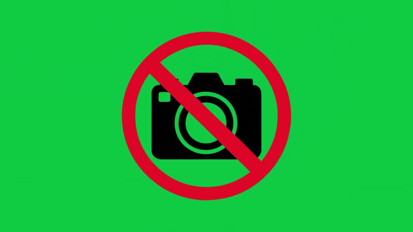 Red warning restricted prohibited sign. No camera icon or no photo icon. No photography icon sign symbol on green screen background. 4k animation video.