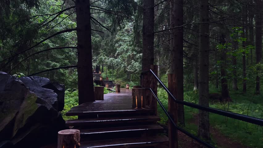 beautiful atmospheric and mystical path in the forest. wooden stairs up in the forest. eco-trail concept, nature of Karelia, Paaso