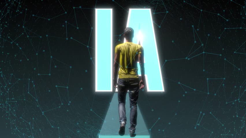 Adult man walking in virtual environment with giant letters AI in 3D.