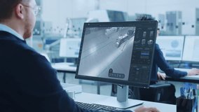 High-tech Factory Office: Industrial Design Engineer Uses 3D CAD Software to Render Autonomous Robot Arm Facility. Product Design Future Manufacturing Processes on Advanced Conveyor Assembly Line - Powered by Shutterstock - Get 15% off with code: PIKWIZARD15