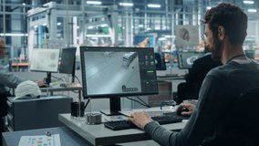 Advanced Manufacturing: Team of Engineers Collaborate on Design of Robotic 3D Assembly Line. Screen Shows Software Automated Production Process, Optimizing Industrial Facility Layout - Powered by Shutterstock - Get 15% off with code: PIKWIZARD15