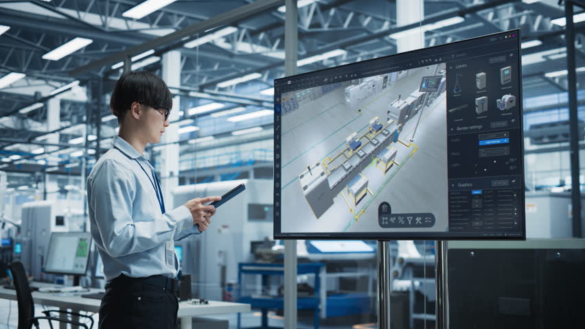 Smart Factory Innovation: Asian Engineer Analyzes Concept of Automated Production Line on Large Screen TV Screen. Using Digital Tablet Computer He Optimizes Manufacturing in Industrial Facility - Powered by Shutterstock - Get 15% off with code: PIKWIZARD15
