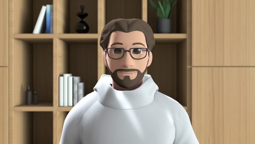Animated Avatar With Glasses and Beard in a Virtual Meeting, Showcasing Advanced Interactive Technology and Gestures. Ideal for Remote Communication and Online Collaboration in a Digital Workspace.