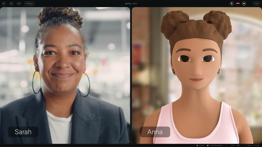 Professional Woman and Animated Avatar Engage in a Virtual Meeting, Advanced Video Conferencing Technology. Split-screen Software Interface Real-time Interaction and Digital Collaboration Tool - Powered by Shutterstock - Get 15% off with code: PIKWIZARD15